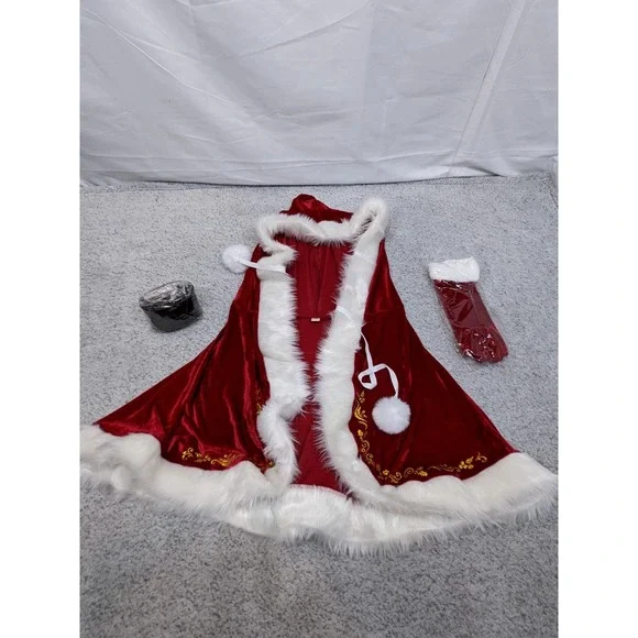 Mrs Santa Claus Velvet Costume Christmas Womens 4XL Hooded Belt Gloves New - Picture 12 of 16